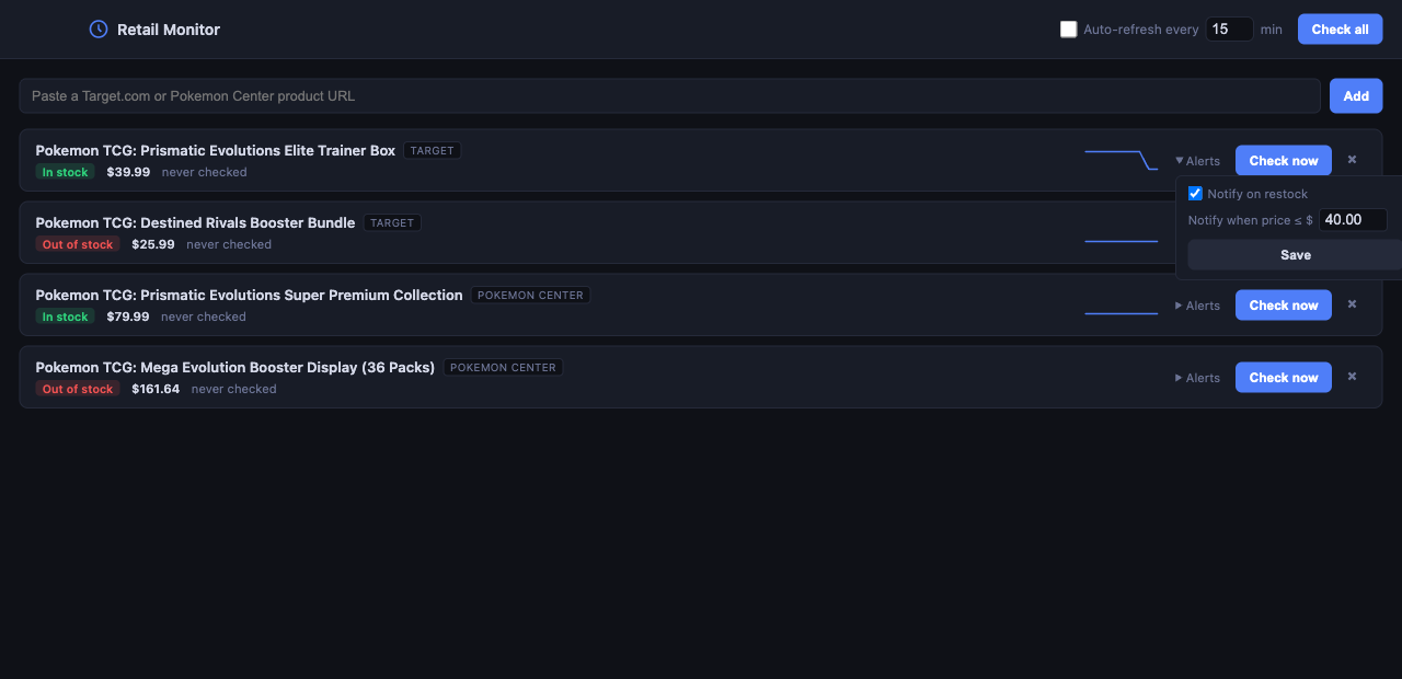 Per-product alert settings: notify on restock checkbox and a price threshold field set to $40